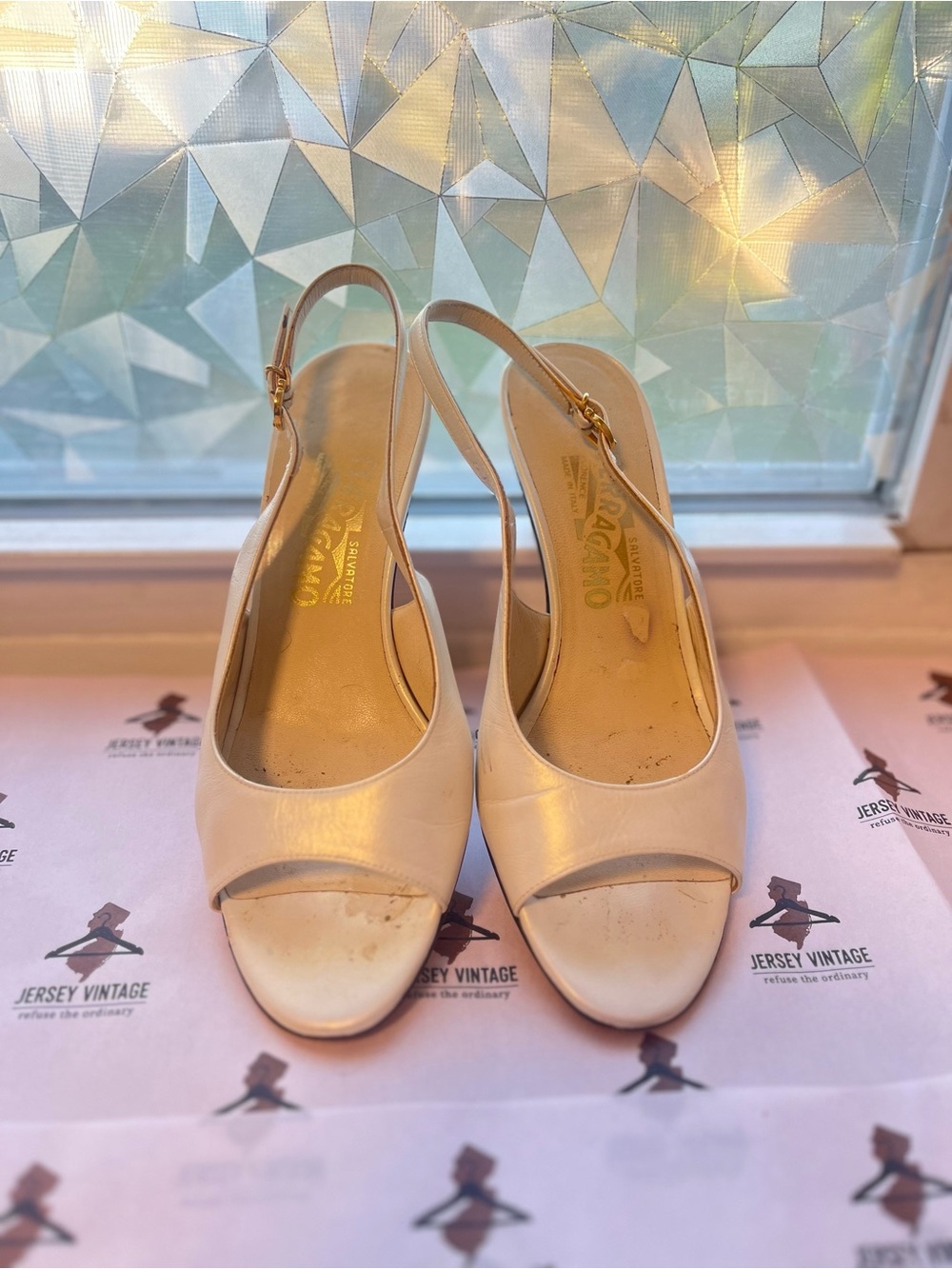 Salvatore Ferragamo Cream Leather Slingback Peep-Toe Heels - Picture 4 of 5